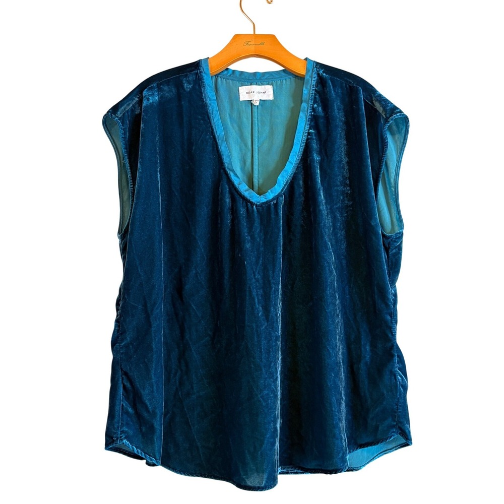 Dear John Teal Blue Crushed Velvet‎ V-Neck Sleeveless Top  Womens Large